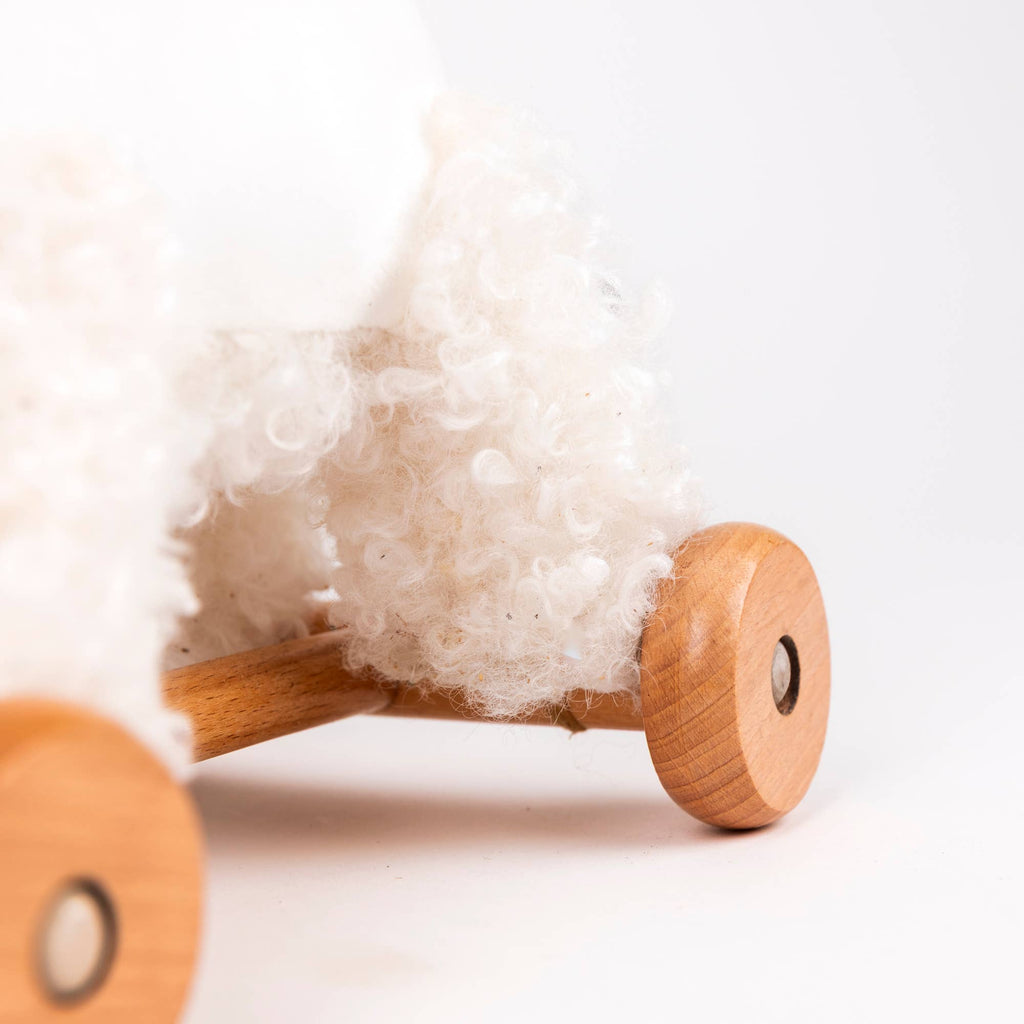 Close-up of Pull-Along Lola, a wooden toy with light brown wheels and soft, wool-like white curls, shown against a plain white background—ideal for developmental play or as a thoughtful toddler gift.