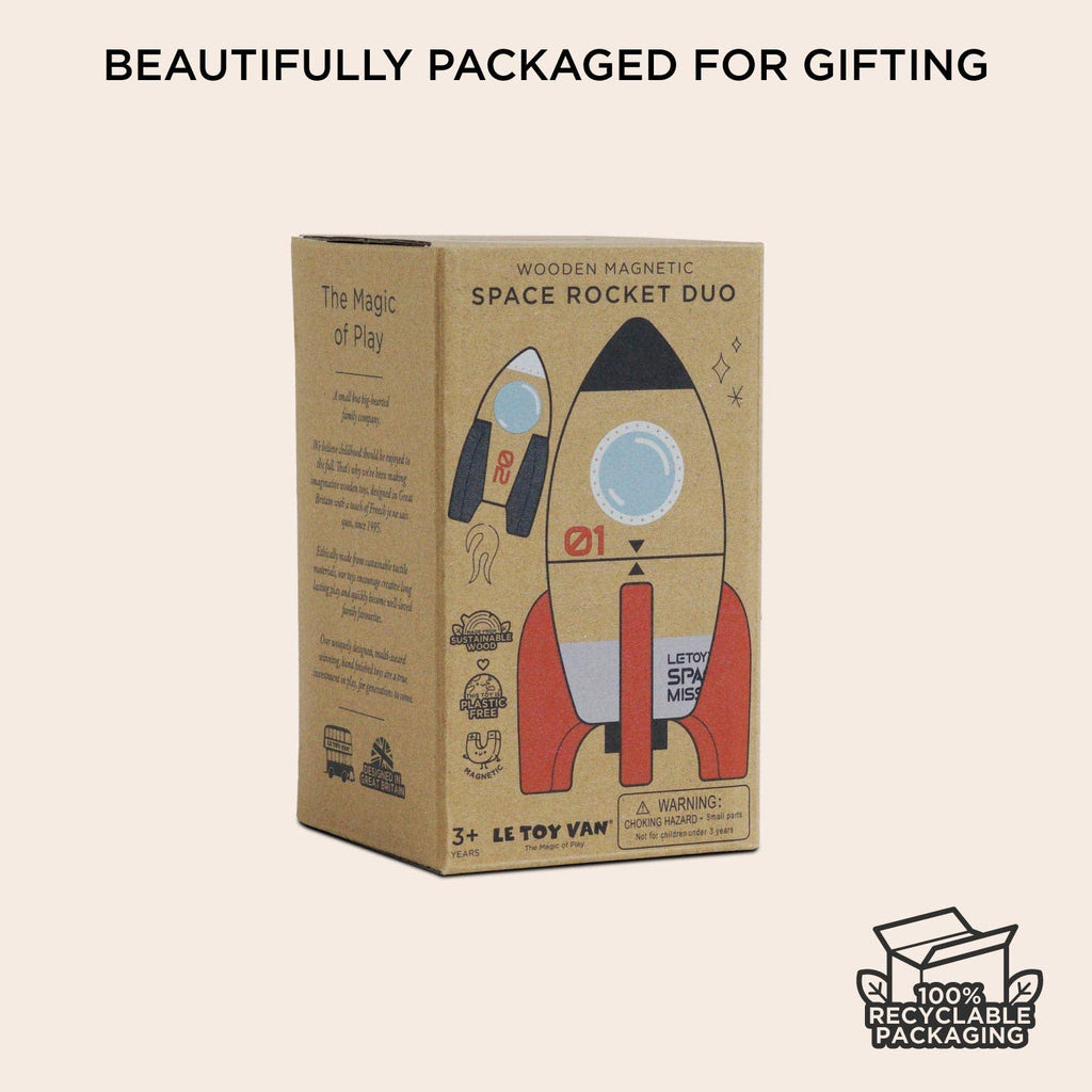 Magnetic Space Rocket Duo packaged in a colorful, eco-labeled cardboard box—“Beautifully packaged for gifting” above and a “100% recyclable packaging” icon below; perfect for creative play.