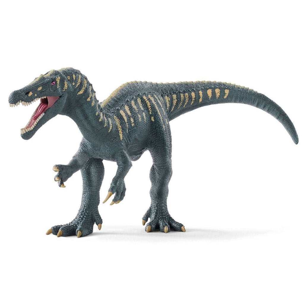 The Schleich Baryonyx Realistic Dinosaur Toy with Movable Jaw features an open mouth, sharp teeth, detailed claws, and yellowish stripes along its dark green body. It is posed as if walking forward on two legs with its tail extended.