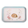 The Moulin Roty Tea Party Suitcase - The Rosalies features a rectangular tray with a light blue rim and a charming illustration of a sleeping hedgehog, flowers, birds, and animals on white—ideal for serving your pastel tea set.
