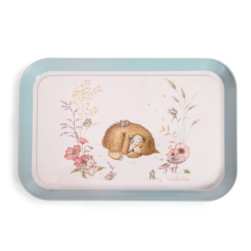 The Moulin Roty Tea Party Suitcase - The Rosalies features a rectangular tray with a light blue rim and a charming illustration of a sleeping hedgehog, flowers, birds, and animals on white—ideal for serving your pastel tea set.