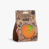 The Orange Baby Ball is a natural rubber toy shaped like an orange fruit with a green leaf, packaged in a brown box with fruit designs and labeled "Oli&Carol Baby Balls Orange Ball.