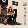 The Barbarossa Pirate Ship & Characters (ships in one week) includes a wooden pirate ship toy with two figures, black sails with skull & crossbones, and icons for cause & effect, logic, dexterity, imagination, and coordination—an eco-friendly choice for young adventurers.