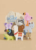 A set of colorful wooden animal blocks—including a flamingo, sloth, butterfly, bear, llama, dog, lizard, and cheetah—is stacked in front of a cloth bag labeled "Andes Stacking Animals & Bag" on a beige background. Perfect for sensory play.
