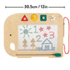 The Wooden Elephant Magic Drawing Board, measuring 30.5 cm / 12 in, provides creative fun with colorful buttons for different shapes and a pen attached by a red string. You can create drawings of a sun, numbers, stars, trees, and a house using magnetic stamps.