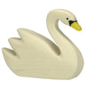 A carved wooden swan painted in a light cream color with black eyes and a yellow beak. This Holztiger Swan, Swimming has a smooth, simplistic design, depicting it in a serene and graceful pose—a beautiful piece of handcrafted wood art made in Europe.