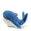 The Steiff Tory Blue Whale Plush Toy, 11 inches, features a plush blue and white design with a smiling face, small black eyes, and a soft, fuzzy texture; this adorable stuffed animal is shown against a white background.