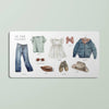 A spread from Our Big Book of First Words shows illustrated clothing—pants, shirt, belt, sunglasses, dress, shoes, bow, jacket, and hat—each labeled on a white background to help little ones learn their first words.