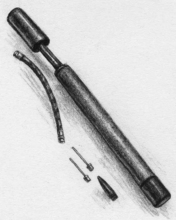 The Hot Air Balloon Pump is shown hand-drawn with a detachable hose, two small valve adapters, and a metal needle adapter arranged on a plain background.