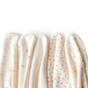 Five soft, cream-colored Organic Baby Blanket – Gold Sprig blankets made from GOTS-certified organic cotton display subtle gold sprig patterns and are neatly arranged side by side on a white background.