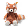 A huggable stuffed animal, the Steiff, Benji Red Panda Stuffed Animal Plush, 11 Inches features a soft, fluffy brownish-red body, white paws, and a striped tail. With big round eyes, pointy ears with white tufts, and a small black nose, it also has the iconic Steiff button in its ear. The background is plain white.