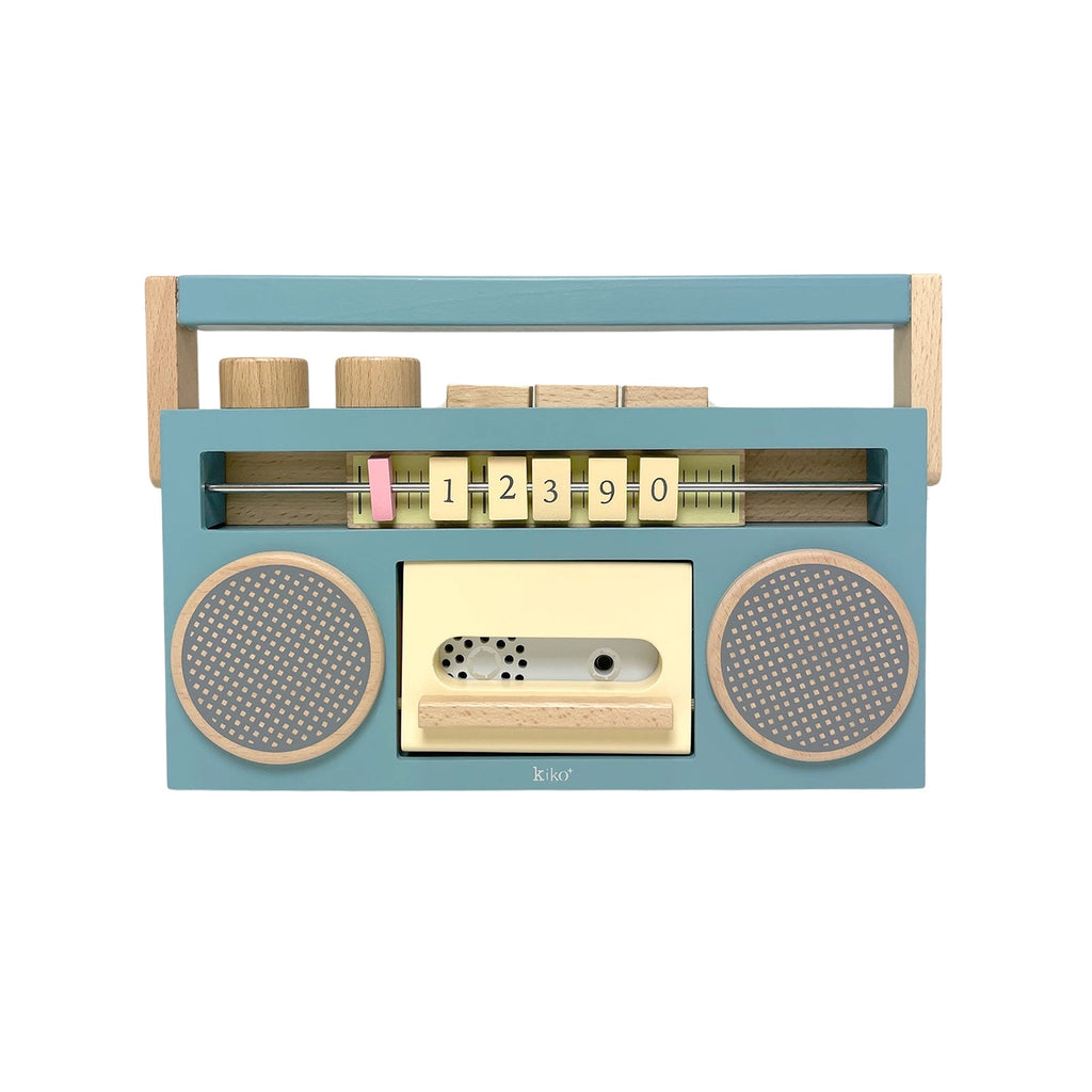A colorful Retro Wooden Tape Recorder with dials and a slot for a cassette tape, primarily in shades of blue and natural wood, featuring built-in speakers and numbered blocks.