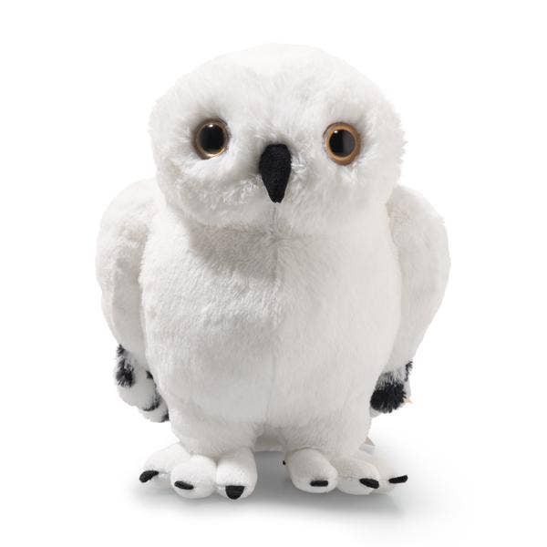 The Steiff Harry Potter "Hedwig" Owl 8" plush is a white owl toy with large brown eyes, a black beak, and black-tipped feet, shown facing forward against a plain white background.