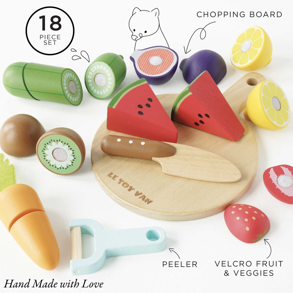 The "Wooden Chopping Board & Sliceable Play Food" set, thoughtfully crafted by hand, includes 18 vibrant wooden fruits and vegetables such as watermelon and kiwi. It comes with a chopping board set, wooden knife, and peeler, making it ideal for role play while boosting motor skills in budding young chefs.