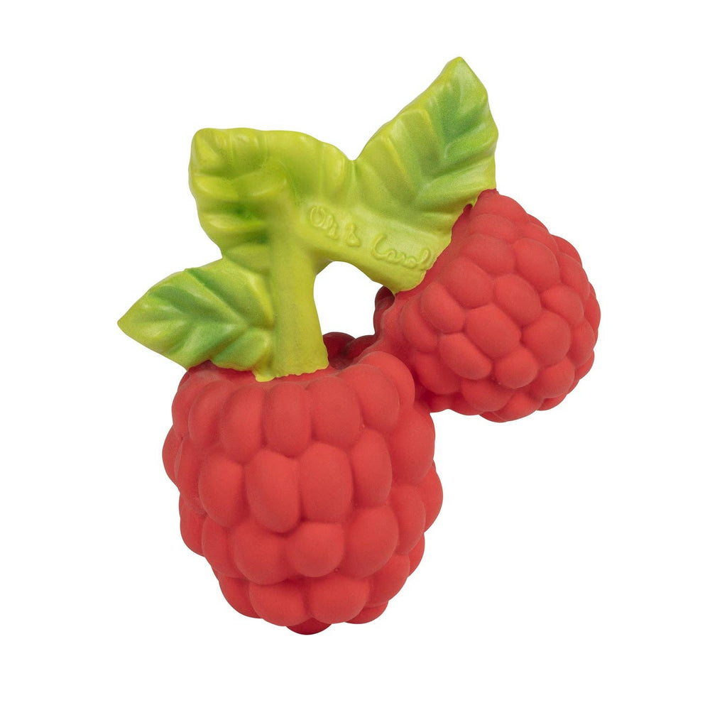 Valery the Raspberry Teething Toy is a bright red, raspberry-shaped baby toy with green leaves and a textured surface that mimics berry bumps—an eco-friendly natural rubber teether ideal for sensory play.