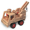 The Fagus Wooden Crane Extension is a wooden tow truck with a crane, red and black wheels, a metal hook, and two wooden peg figures in the cab. It’s made from smooth, light-colored wood.