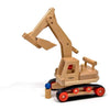A Fagus Wooden Excavator toy with a movable arm, set against a plain white background. The excavator has red wheels, blue accents, and is designed for children's play.
