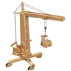 The Fagus Wooden Crane, handcrafted in Germany, comes with a movable arm and pulley system, distinguished by its fine details. It is mounted on a four-wheeled base for easy maneuvering and features a small pallet suspended from its hook, showcasing its functional design.