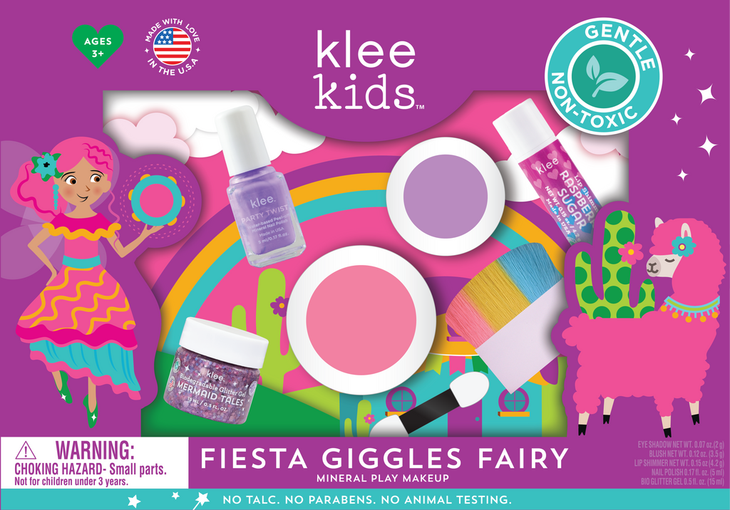 Klee Naturals Deluxe Makeup Kit - Pink Ballet Fairy, a non-toxic kids play makeup kit in a box including nail polish, lip shimmer, glitter gel, eyeshadow, blush, and an applicator, featuring illustrations of a fairy and a llama.