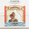 A young child smiles while playing with mouse puppets behind the Tabletop Puppet Wooden Theater, featuring colorful curtains. The text above says, "IT'S SHOWTIME. Let your little ones shine with their imagination.