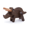 The Handmade Wooden Paleo Triceratops Dinosaur features a dark brown body and light brown horns, standing on four legs against a white background—a charming, eco-friendly toy perfect for dinosaur lovers.