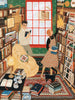 Two people browse books in a colorful library with tall shelves—a cozy scene with scattered books, a cat, and a yellow armchair lit by a lamp. Perfect for the Quill and Parchment - 1000 Piece Jigsaw Puzzle.