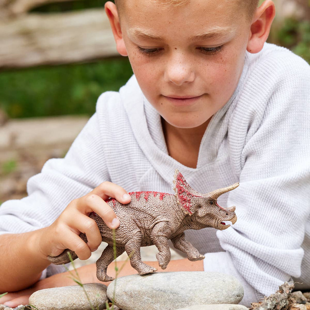 A young boy in a white hoodie plays outside with the Schleich Triceratops Dinosaur Toy, holding the educational figurine over smooth rocks, with a wooden fence and greenery visible in the background.