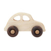 A simple Wooden 1930s Car, made from FSC certified wood, with a smooth, unpainted finish and dark brown wheels, isolated on a white background.