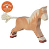 A handcrafted Holztiger Horse, Running, Light Brown made of maple and beech wood, featuring natural finishes and white accents, including a painted mane and tail. One leg is raised as if trotting. In the top left corner, there is a circular "spiel gut" recommendation badge in orange with white text.