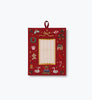 Beary Christmas Embroidered Picture Frame, a red rectangular embroidered frame decorated with holiday motifs including a teddy bear, gingerbread man, swans, and a cardinal.