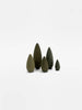 The Handmade Wooden Bush Set features five teardrop-shaped sculptures in different sizes and calming green hues, artfully arranged on a white background. Crafted in Ukraine with non-toxic paint, they provide an artisanal flair to any decor.