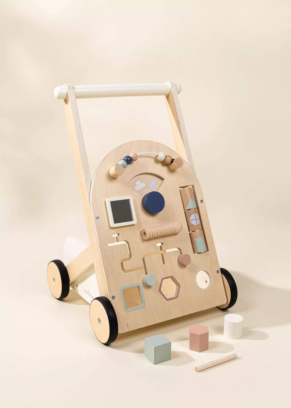 Wooden Activity Walker featuring colorful beads, shape sorters, a spinning mirror, gears, and blocks—designed as an engaging baby walker for interactive play and early sensory development. Neutral background.