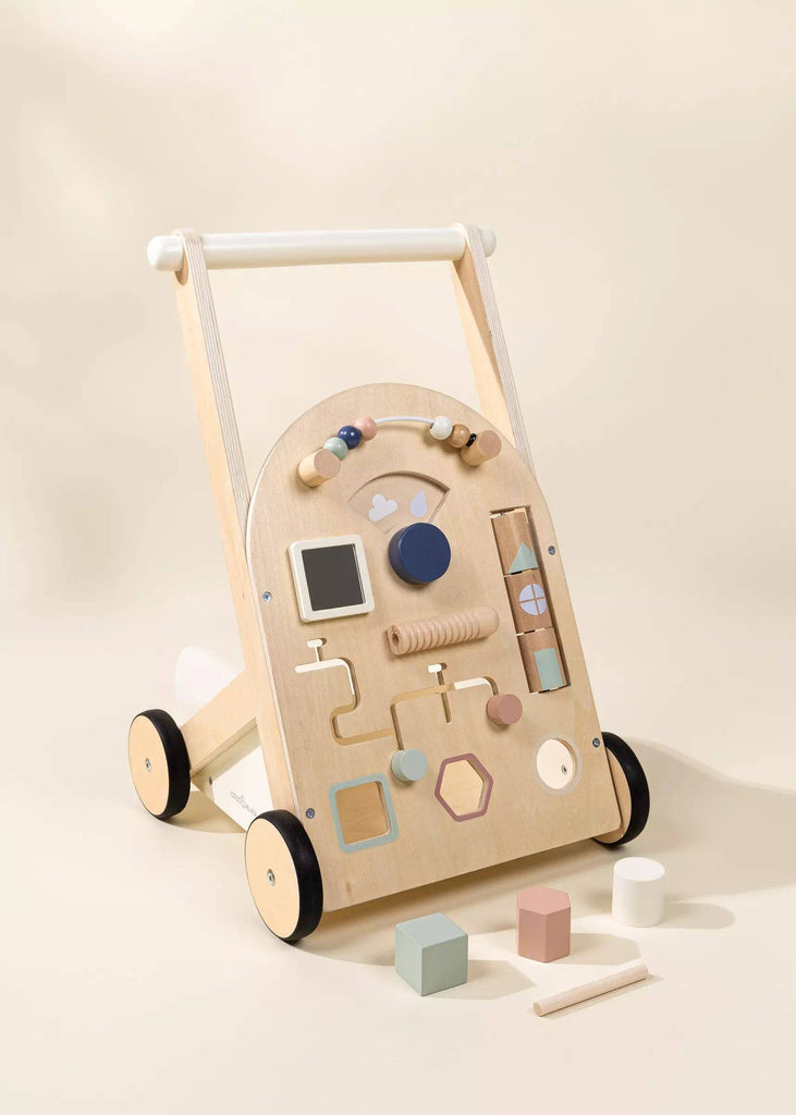 Wooden Activity Walker featuring colorful beads, shape sorters, a spinning mirror, gears, and blocks—designed as an engaging baby walker for interactive play and early sensory development. Neutral background.