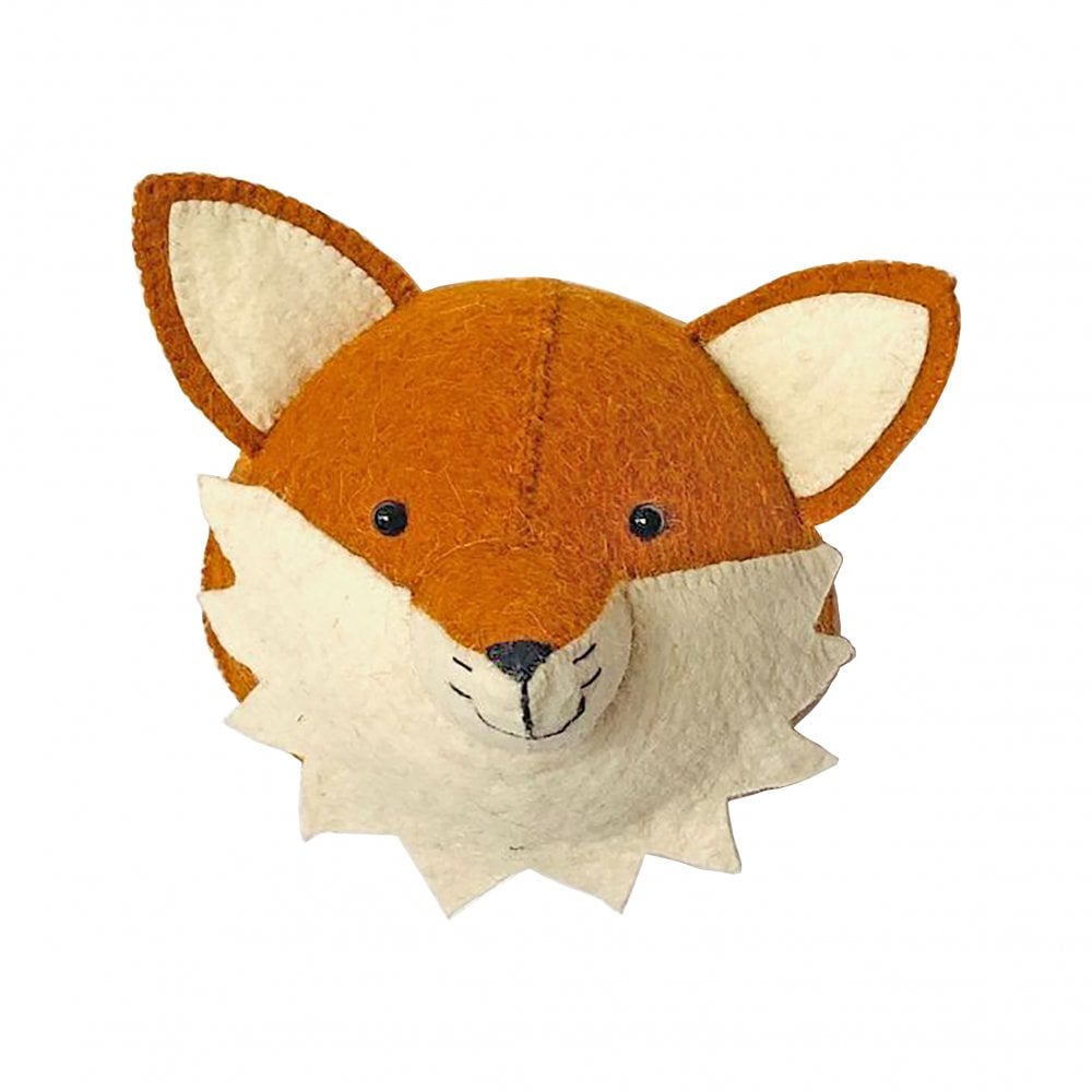 A Handcrafted Felt Baby Fox Wall Decor - Mini with prominent orange and white colors, featuring detailed stitching and a cute, playful expression, isolated on a white background.
