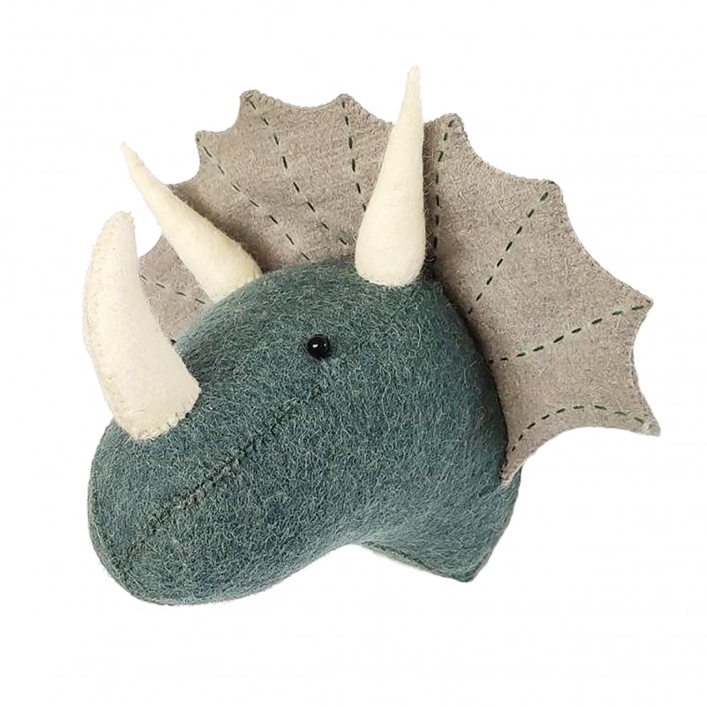 A handcrafted felt triceratops wall decor - mini resembling a triceratops, mainly in a teal color with white horns and a beige frill, displayed against a white background.