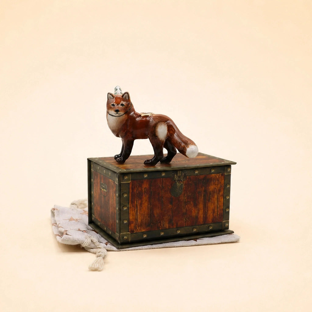 A Fox Cake Topper—now a final sale item—stands atop a vintage wooden chest draped with a light tasseled cloth against a beige background, creating an enchanting collectible keepsake perfect for display in any cherished space.