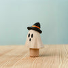 Bumbu Handmade Wooden Ghost Wizard, a whimsical Montessori ghost figurine wearing a black witch hat with an orange band.