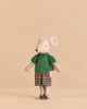A Maileg Christmas Tea With Grandma Set featuring a mouse doll wearing a green sweater and a plaid skirt.