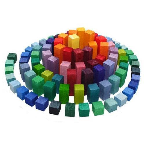 Grimm's Stepped Pyramid Block Set - Small features colorful blocks stacked in concentric circles, forming a vibrant rainbow gradient from the inner to outer rings, inspired by the iconic Grimm's pyramid design.
