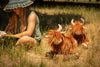 A young person in a sun hat sits reading on the grass, partially visible. Nearby, two Heidi the Highland Cow stuffed animals are placed on the sunlit lawn.