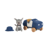 Plush toys of a gray Olli Ella Holdie Dog-Go Officer and a blue and beige car with wooden wheels, displayed separately on a black background. The Olli Ella Holdie Dog-Go Officer is standing, and the car is positioned to the right.