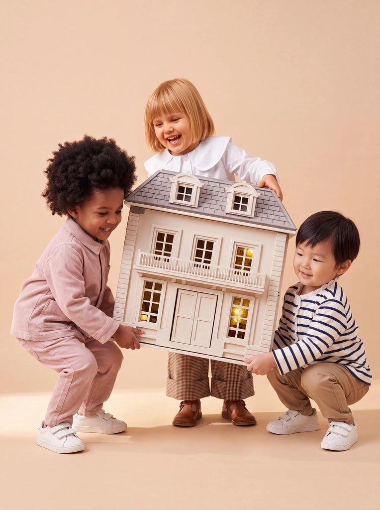 Three young children are smiling and holding the House of Hamptons — Little Forest Animals dollhouse together against a beige background.