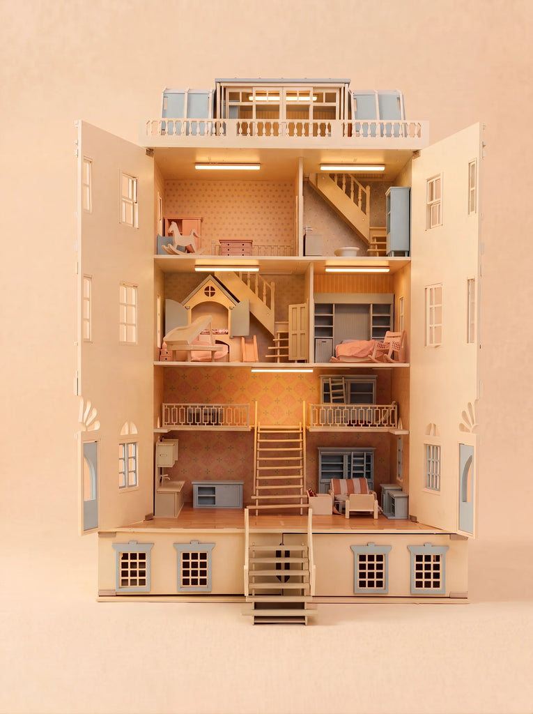 Introducing the "Fully Furnished Dollhouse With Lights, House of New York – The Six-Storey Giant": a detailed, completely furnished dollhouse with six spacious floors, an open front design, and multiple beautifully decorated rooms—including bedrooms, a kitchen, and inviting living spaces—all set against a classic beige background. Inspired by New York-style homes for a contemporary flair, this giant dollhouse provides modern elegance in every corner.
