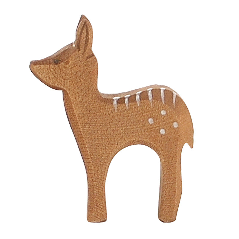 A handcrafted, Ostheimer Red Deer - Fawn Standing, standing upright and decorated with simple, white patterns on its back and side. The deer is tan with a textured surface.