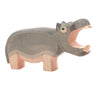 Handcrafted Ostheimer Hippo - Open Mouth with a simple, stylized design, featuring visible wood grain and small green eyes, standing isolated on a white background.