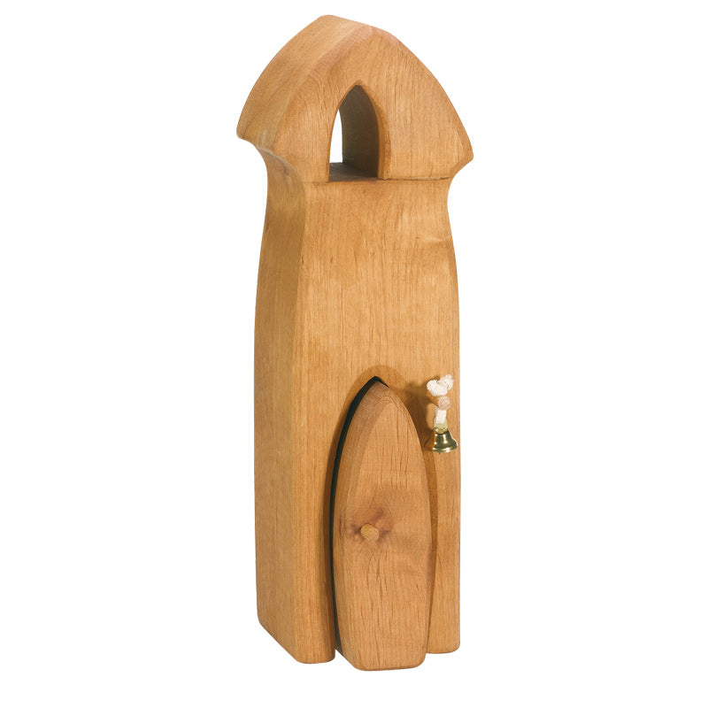 A Ostheimer Sentry Post With Bell designed to resemble a tower, featuring a curvy entrance and a small decorative bird perched next to the door. Handcrafted with attention to detail, the wood has a natural finish.