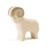 Handcrafted Ostheimer Ram figurine with spiral horns and a simplistic, carved design, isolated on a white background.