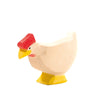 An Ostheimer White Hen - Standing with a simple design, featuring a light beige body, red comb, and yellow beak and feet, isolated on a white background.