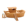 A Ostheimer Handmade Large Wooden Ark playset with a boat structure featuring a house on top and a ladder, accompanied by two handcrafted wooden figurine animals.