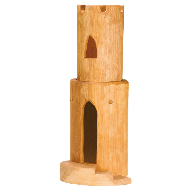 A Ostheimer Round Tower With Stairs with a cylindrical base and an upper section, each featuring arched doorways, crafted from light-colored wood with visible grain, isolated on a white background. This piece is perfect for imaginative.